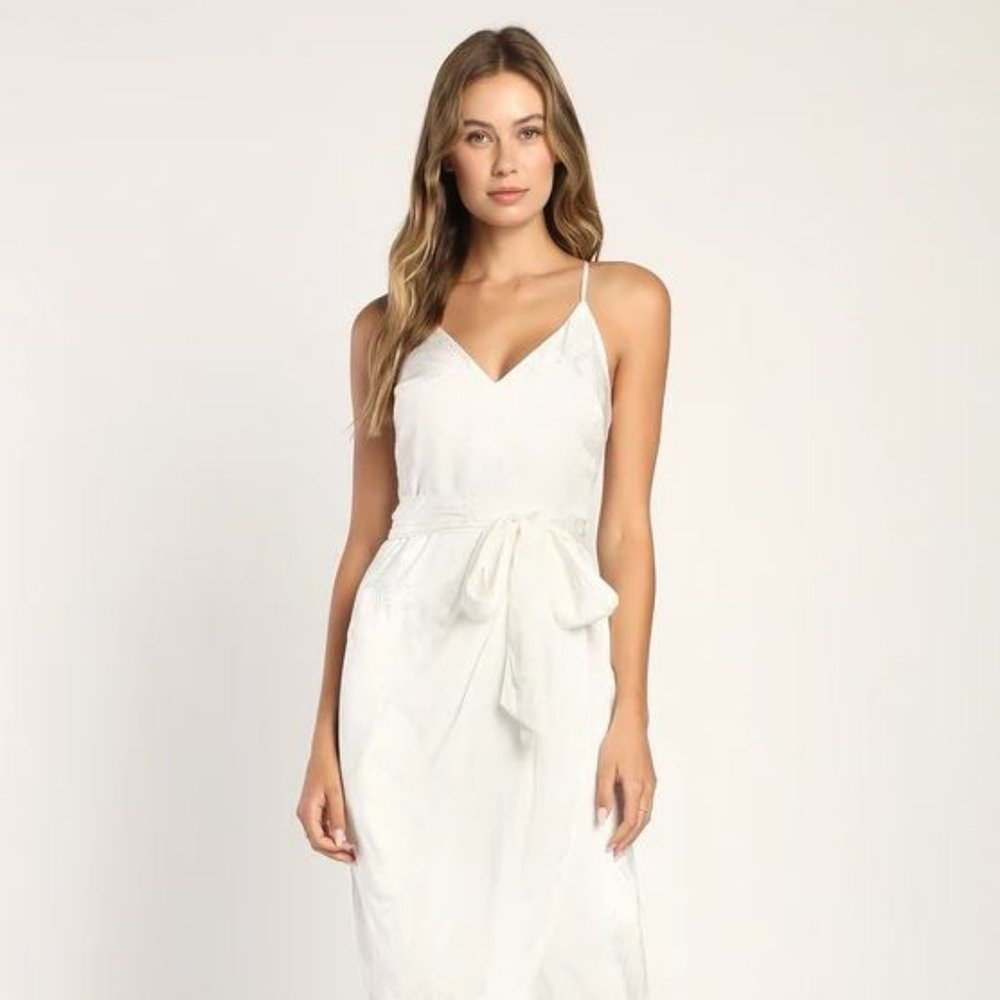 Fall In Love Again White Satin Jacquard Tulip Midi Dress